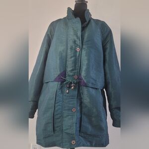 Vtg 90s Cabin Creek Shimmery Green Coat Hoodless Puffer Long Snow Sz XL